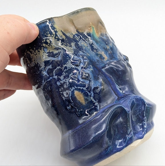Handmade Tan Blue Glazed Earthenware Ceramic Abstract Mug Vase - Picture 7 of 11